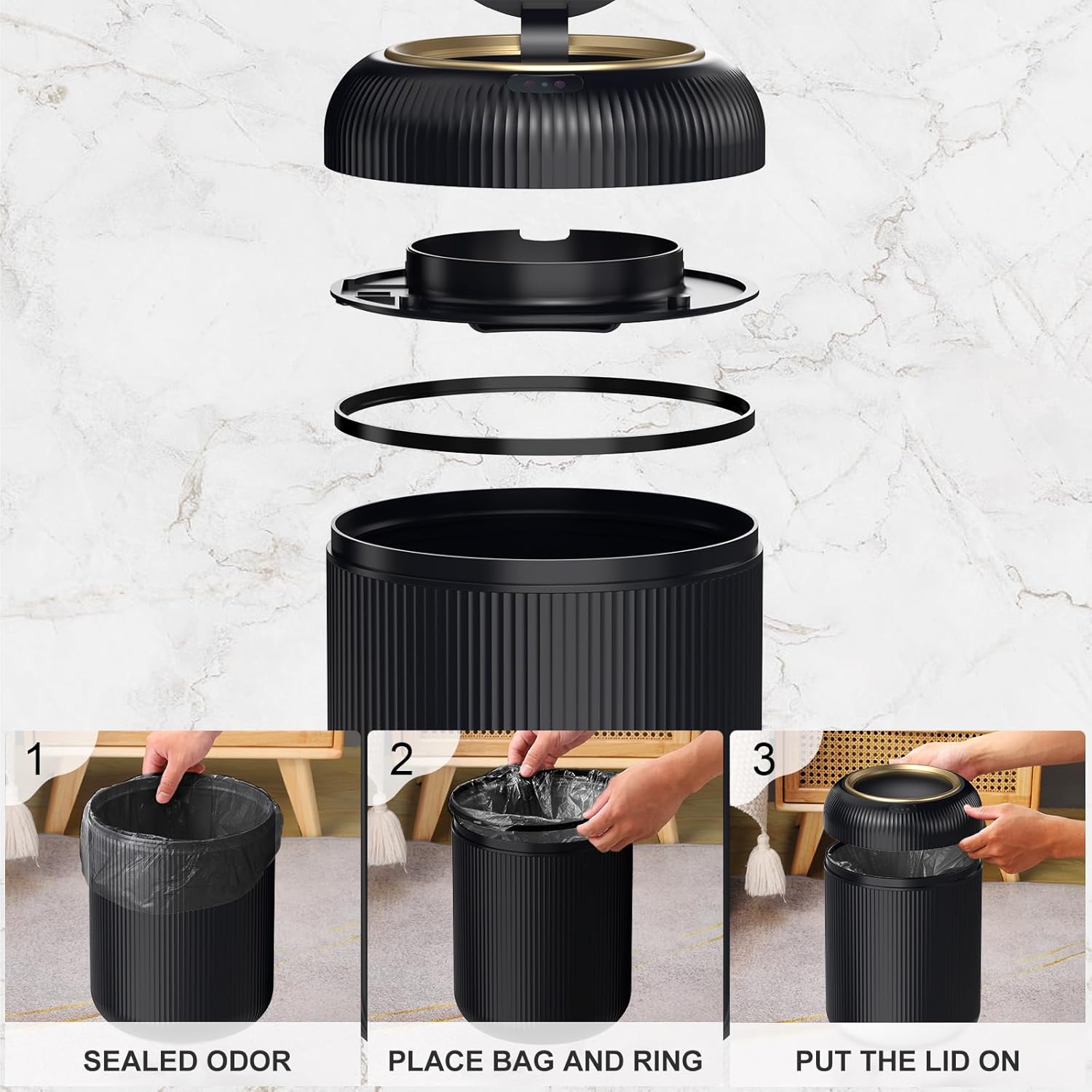 Motion Sensor Bathroom Trash Can with Lid, 3 Gallon / 11L Automatic Bathroom Garbage Can, Smart Black Garbage Can, Touchless Trash Bin, Small Waste Basket for Bedroom, Kitchen, Apartment,Office