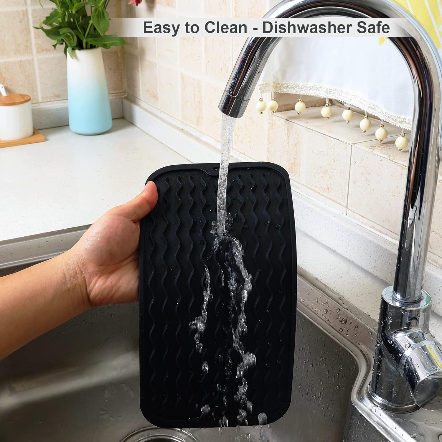 ZLR Silicone Dish Drying Mat for Kitchen Counter, Eco-Friendly Fast Dry Dish Mat, Easy Clean Multi Usage Drying Matt, Heat Resistant Trivet, 6" x 12" Extra Small, Black