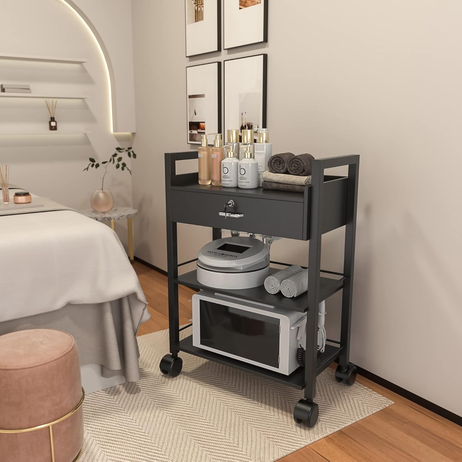 Paddie Salon Trolley Cart, Salon Tray Wooden Mobile Utility Cabinet with 1 Drawer 2 Trays, Rolling Storage Station Medical Esthetic Supply Holder for Beauty Spa (1 Drawer, Black)