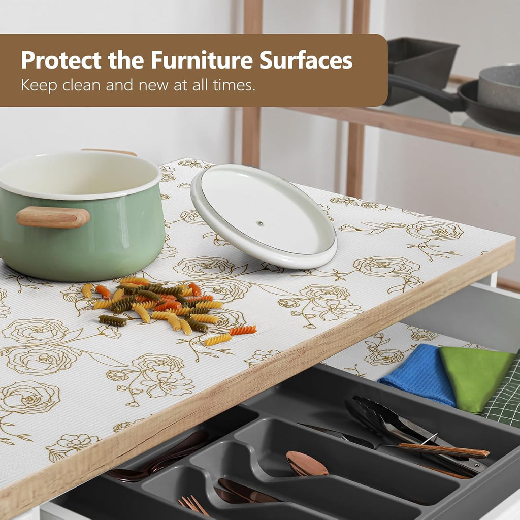Shelf Cabinet Liner for Kitchen- Non Adhesive Drawer Liner Refrigerator Liner, Premium Waterproof Shelf Paper Protect Surface, Non Slip Easy to Clean Durable EVA Material, Gold Roses, 11.8 in x 20FT