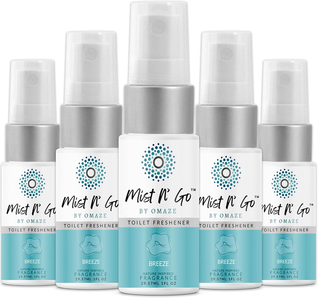 Mist N’ Go by Omaze Travel Bathroom Spray for Toilet Spray Odor Eliminator - Travel Toilet Spray for Bathroom Air Freshener Spray for Bathroom Deodorizer - Breeze Travel Size (1oz x5)