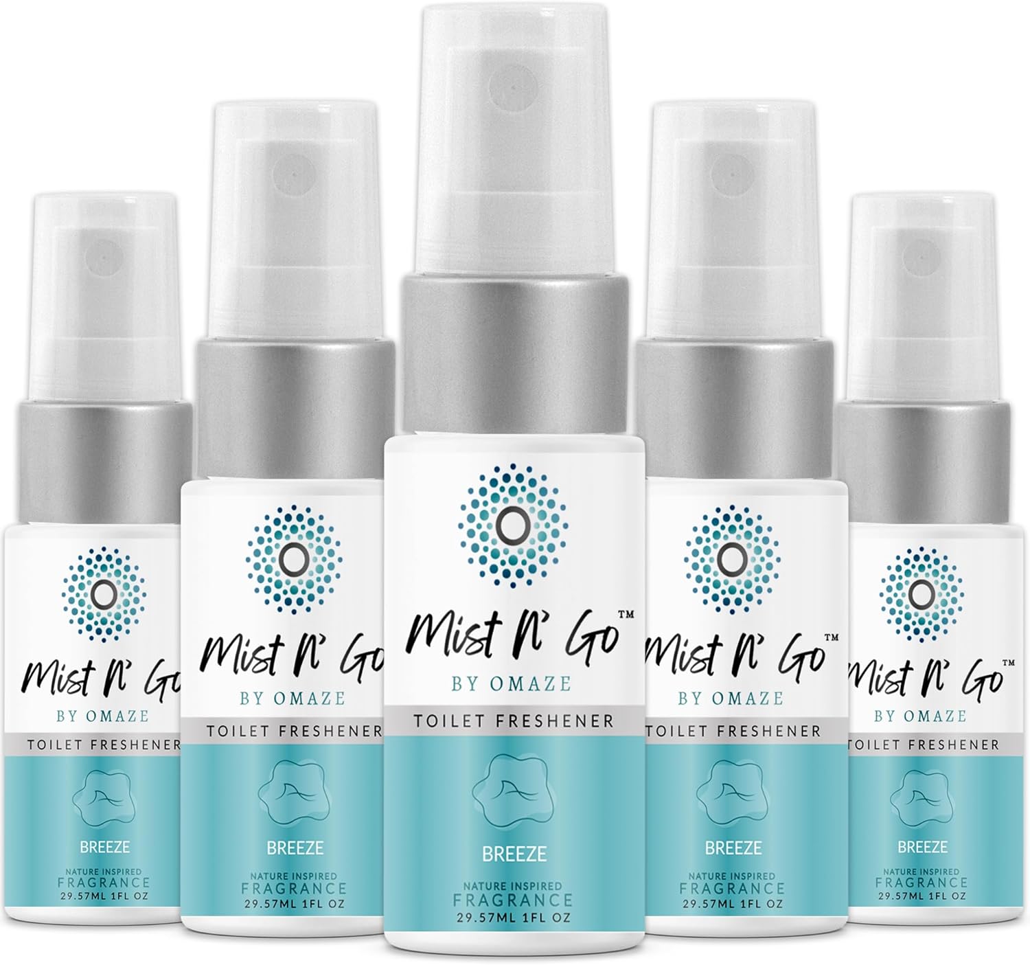 Mist N’ Go by Omaze Travel Bathroom Spray for Toilet Spray Odor Eliminator - Travel Toilet Spray for Bathroom Air Freshener Spray for Bathroom Deodorizer - Breeze Travel Size (1oz x5)