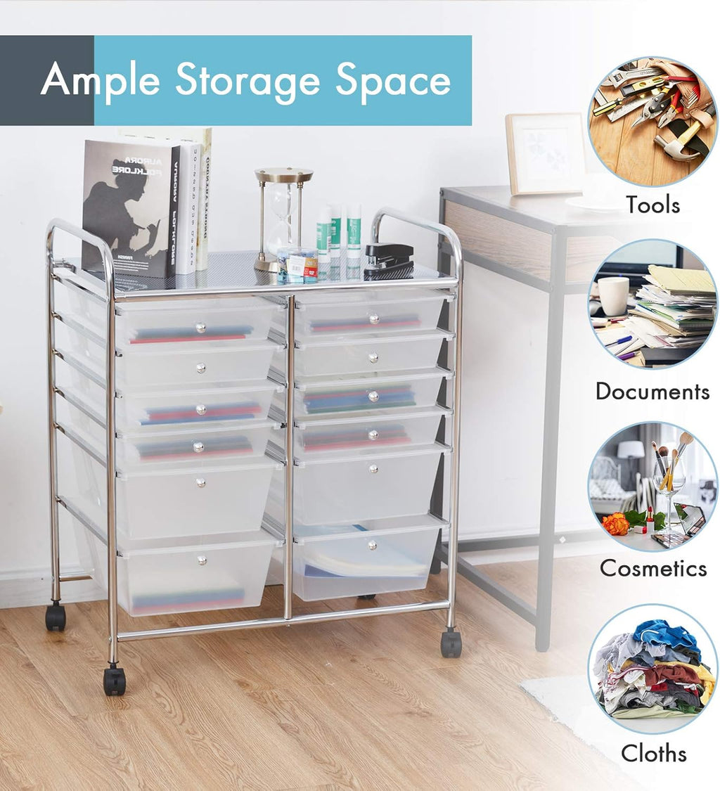 GOFLAME 12-Drawer Rolling Storage Cart, Multipurpose Organizer Cart with 2 Sizes Plastic Drawers, Mobile Utility Cart with Lockable Casters for School, Home Office, Beauty Salon, Clear