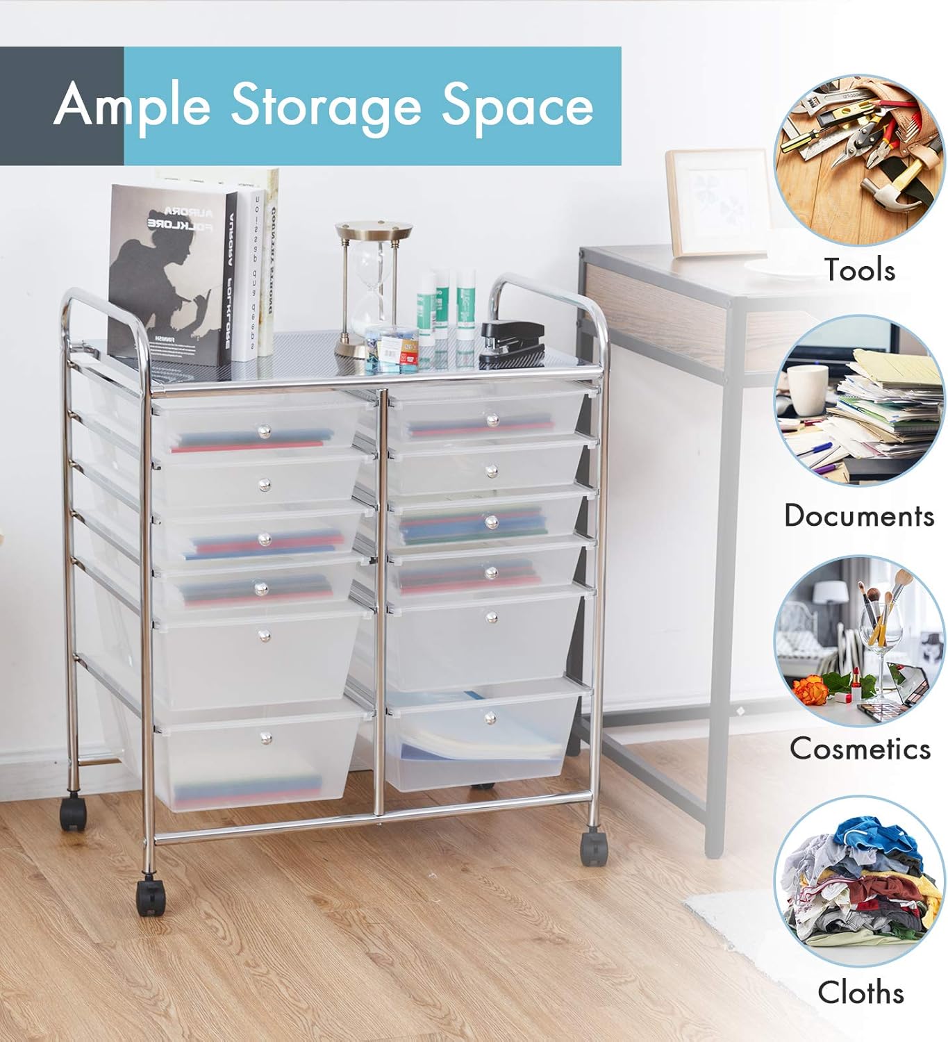GOFLAME 12-Drawer Rolling Storage Cart, Multipurpose Organizer Cart with 2 Sizes Plastic Drawers, Mobile Utility Cart with Lockable Casters for School, Home Office, Beauty Salon, Clear