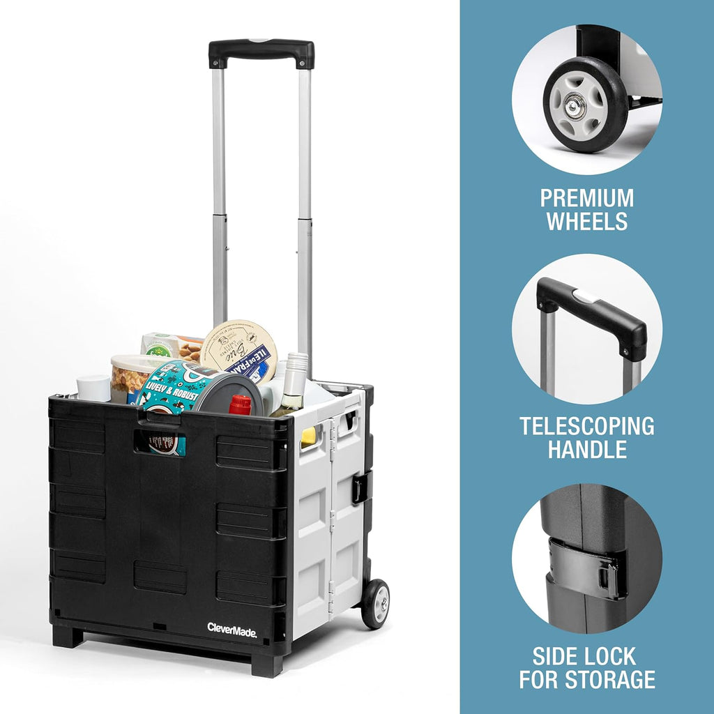 CleverMade Collapsible Wheeled Crate with Lid, 2-Wheels – Stable Rolling Crate with Handle and Large Wheels for Fragile Items, Heavy Loads and Easy Storage - 35L and 75lb Capacity, Black/Cream