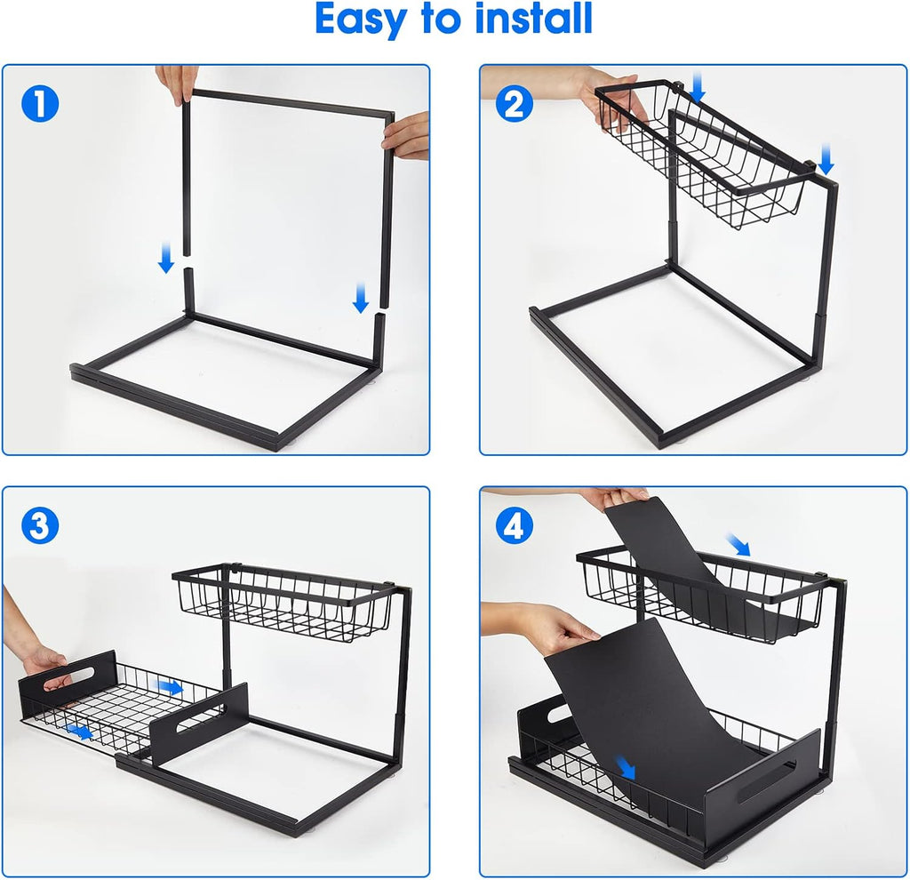 2 Pack Under Sink Organizer, 2 Tier Under Sink Organizers and Storage Multi-Purpose Under Sink Storage for Bathroom Kitchen (Black)