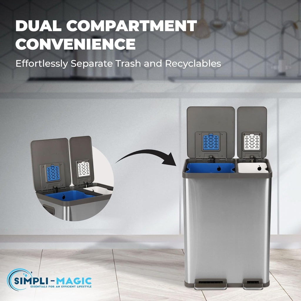 Simpli-Magic 16 Gallon (38L x 22L) Dual Compartment Step Trash Can – Kitchen Garbage Can with Waste & Recycling Bins – Slow-Close Lid, Odor Control, Hands-Free, Easy to Clean, Brushed Stainless Steel