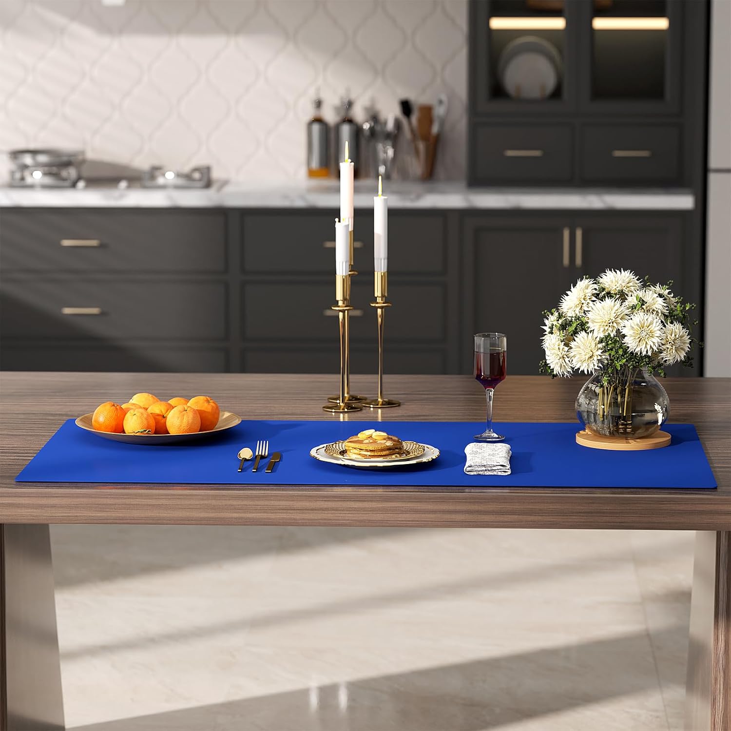 Quality Silicone Table Mat 47x24 Inch - High Heat Resistant (Lab Tested 482°F), Non-Slip Oil-Resistant Surface for Baking & DIY | Waterproof & Easy Clean (Blue)