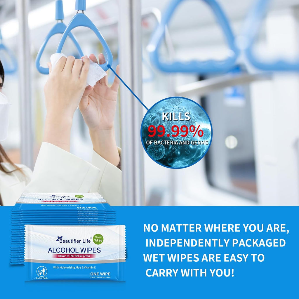 100 Count Individually Packed Hand Sanitizing Wipes - 75% Alcohol Formula with Aloe, Moisturizer, and Vitamin E - Premium Sanitizer for Travel, Home, Office, and School Use