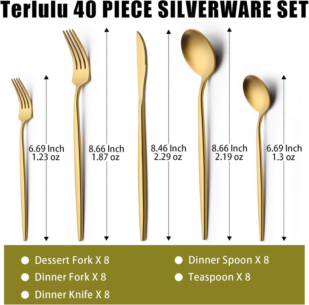 40 Piece Gold Silverware Set for 8, Terlulu Stainless Steel Flatware Set, Gold Cutlery Set Utensils Set, Tableware Include Forks Knives Spoons for Home Kitchen Restaurant Wedding, Satin Finish