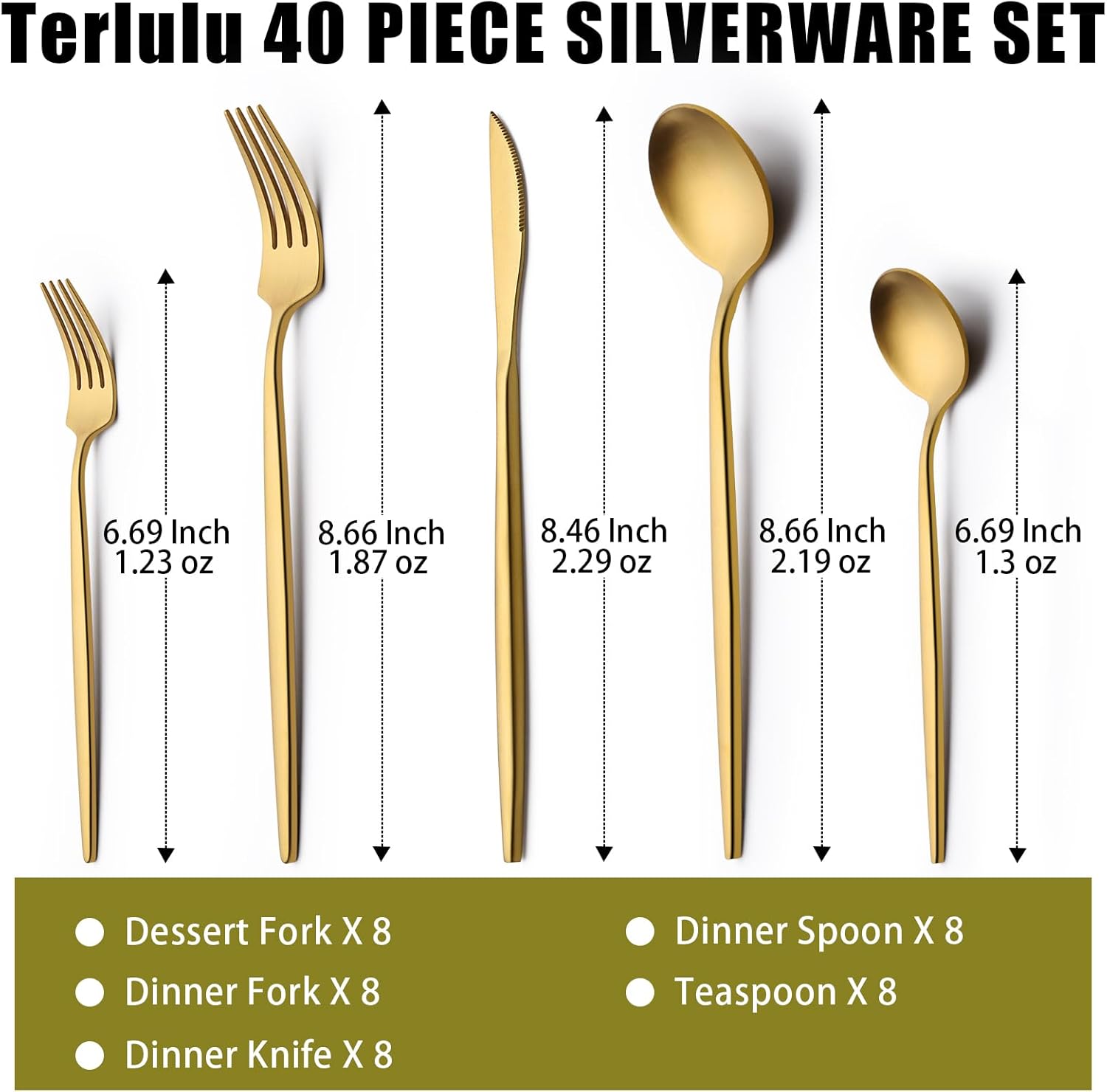 40 Piece Gold Silverware Set for 8, Terlulu Stainless Steel Flatware Set, Gold Cutlery Set Utensils Set, Tableware Include Forks Knives Spoons for Home Kitchen Restaurant Wedding, Satin Finish