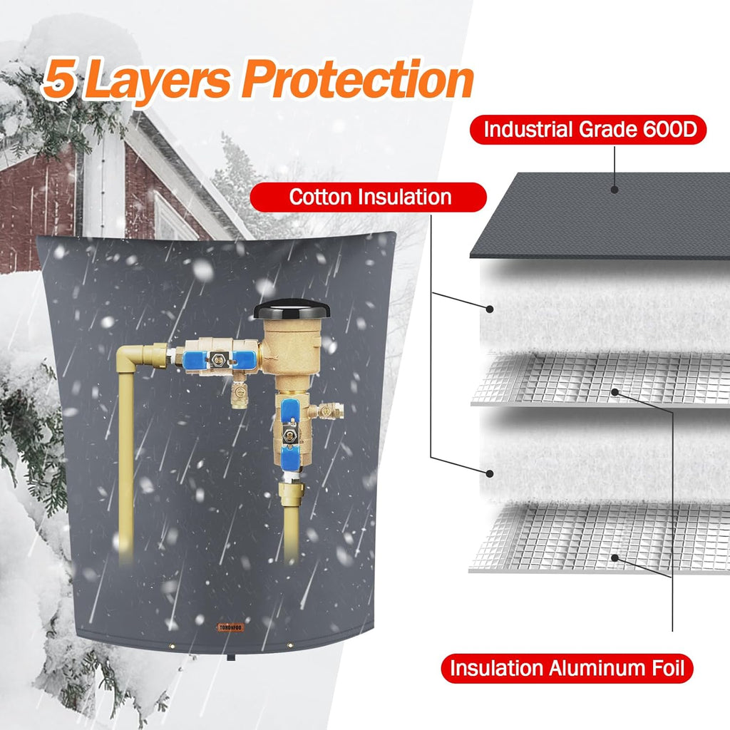 TOHONFOO Backflow Preventer Pipe Insulation Cover (5°F) - Irrigation Sprinkler Valve Insulated Pouch - Water Well Pump Cover - Sturdy 5 Layers for Winter Freeze Protection, 28" W x 36" H, Grey
