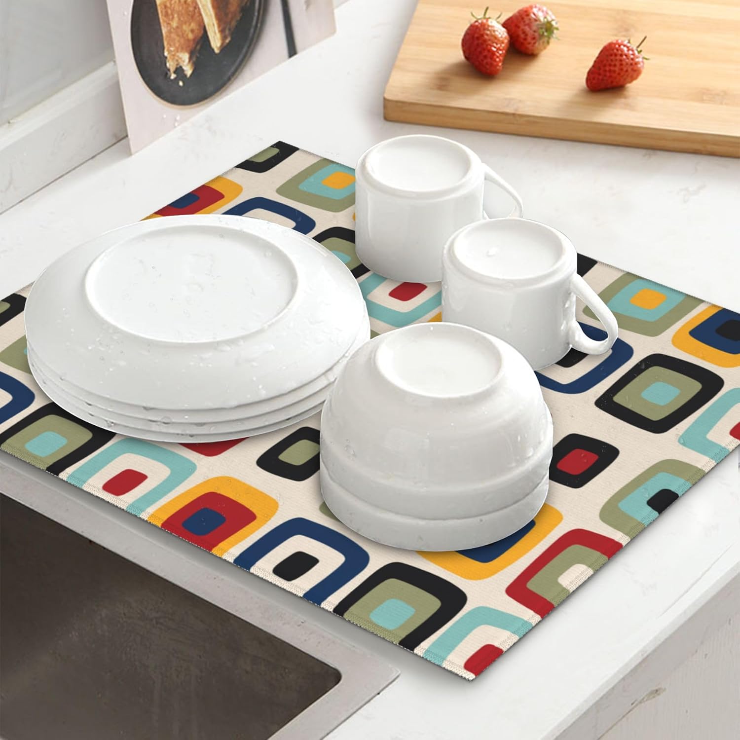Mid Century Modern Retro Kitchen Drying Mat Microfiber Dish Drainer Mat for Kitchen Counter Absorbent Reusable Washable Vintage Decorative Drying Pad 16x18 Inch