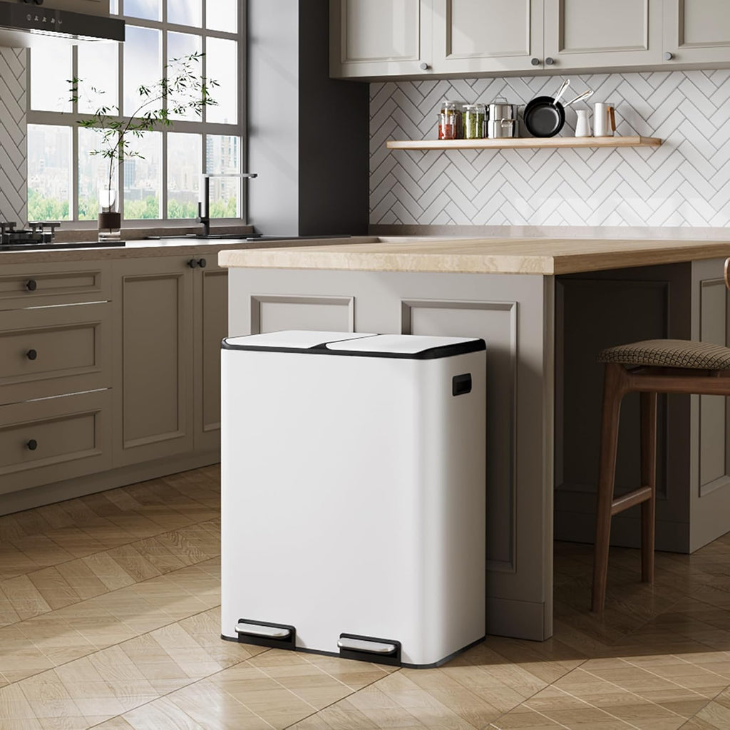 WLIVE Dual Trash Can, 2 x 8 Gallon (2 x 30 L), Step Trash Can with Lid with Inner Buckets, 2 Compartment, Heavy-Duty Stainless Steel Gabage Can for Kitchen with 15 Trash Bags, White