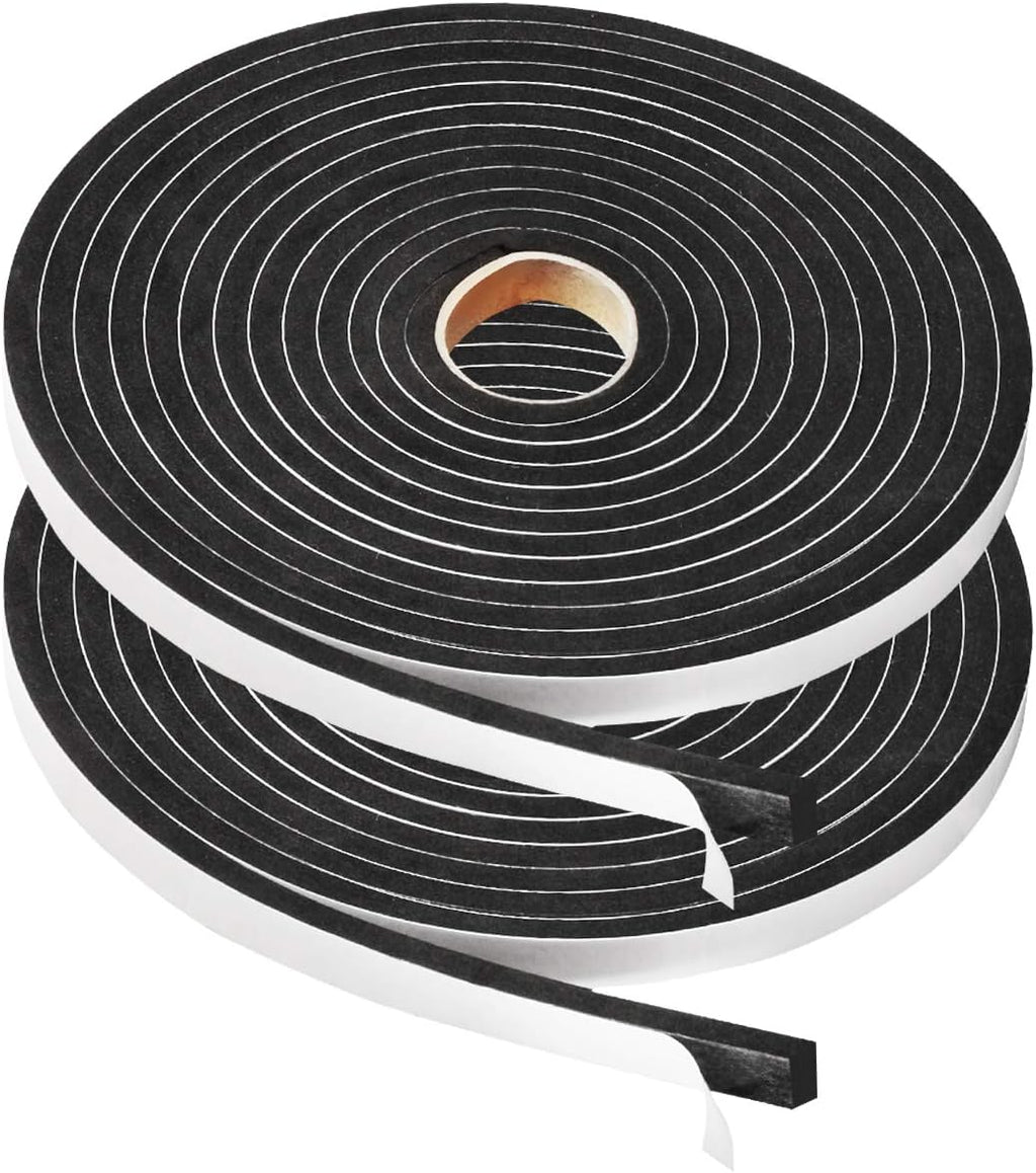 2 Rolls Foam Tape Weatheratrip for Door Window Insulation, Single Sided Foam Strips Adhesive, High Density Foam Seal Tape, Closed Cell Foam Seal Strip Tape(1/2"Wx1/4"Tx32FT, Black)