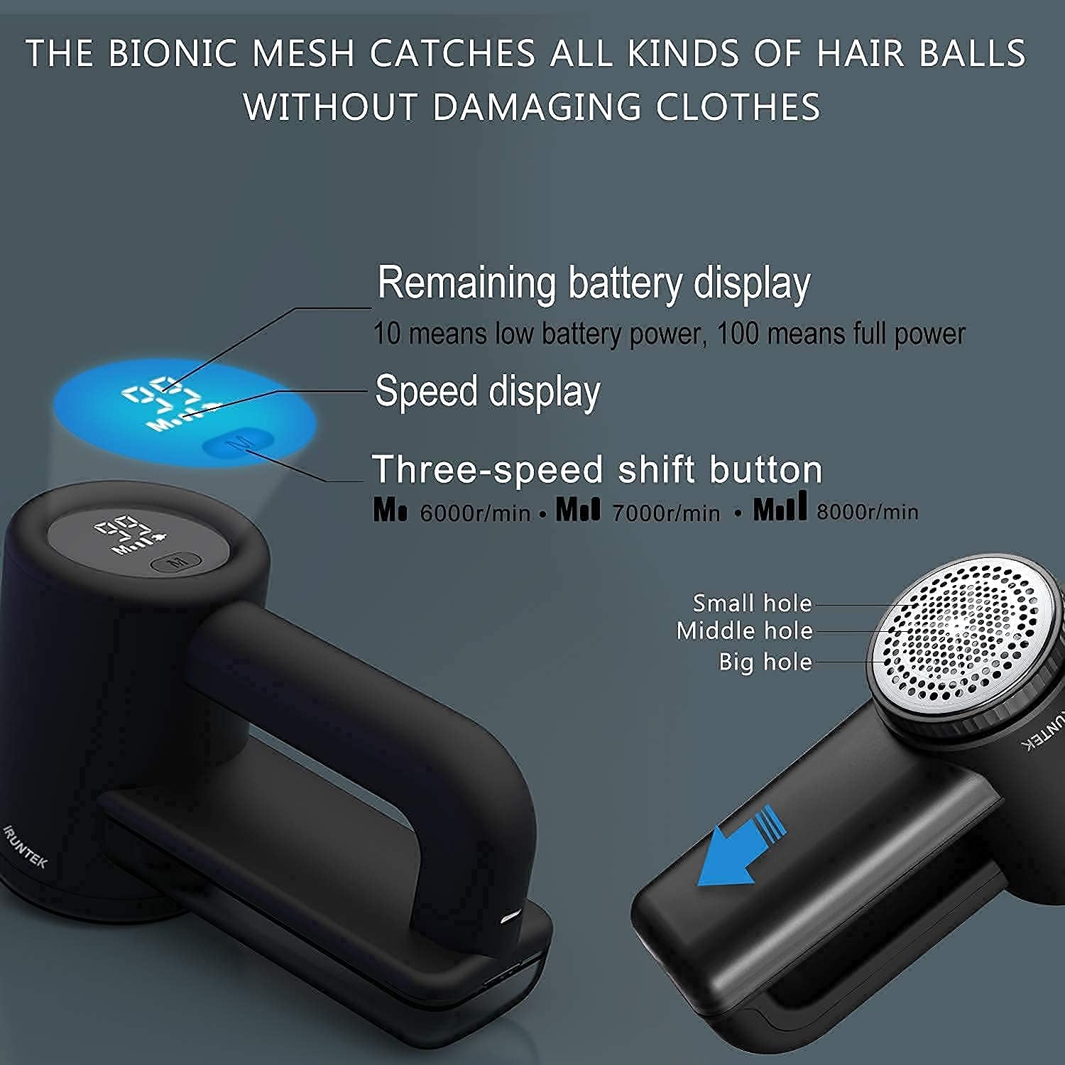 iRUNTEK Rechargeable Fabric Shaver & Lint Remover｜3-Speed Lint Shaver with LED Display & Type-C Fast Charging Port｜Sweater Shaver with Large Lint Bin｜Removes Fuzz & Pills from Clothes Furniture, Black