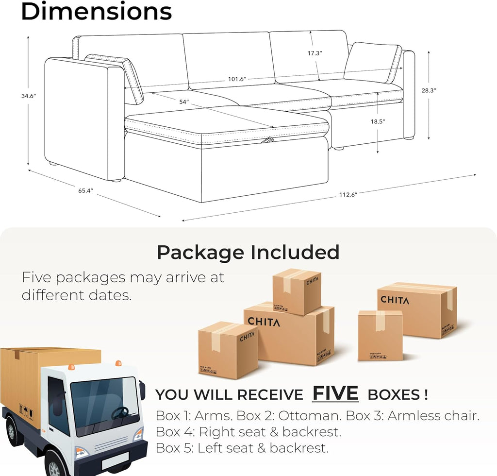 CHITA Oversized Modular Sectional Sofa, FSC Certified L Shaped Sectional Couches for Living Room, 112 inch Width,4 Seat Modular Sofa with Storage Ottoman, Linen