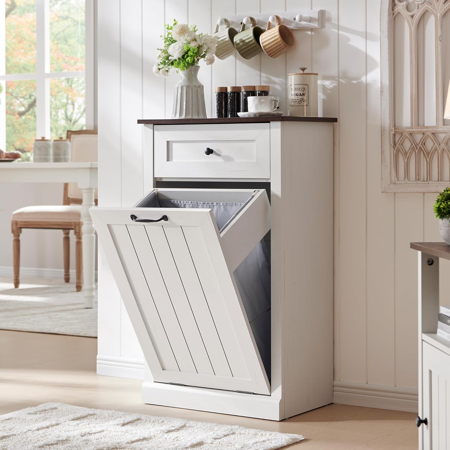 Tilt Out Laundry Hamper Cabinet, 10 Gallon Farmhouse Trash Can Cabinet with Drawer, Hidden Wood Garbage Can Bin Cabinet with Laundry Storage Basket for Bathroom, Kitchen, Antique White
