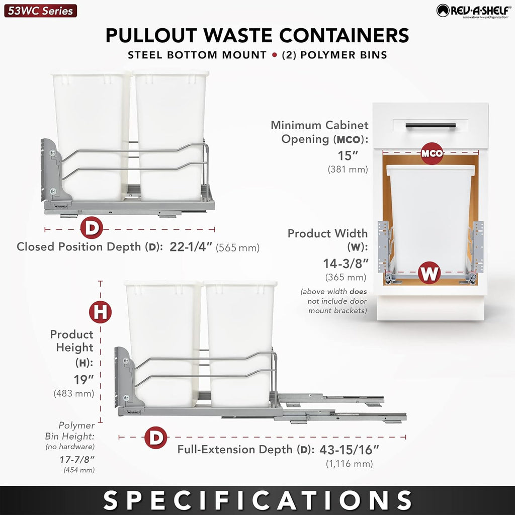 Rev-A-Shelf Double Pullout Trash Cans for Under Kitchen Cabinets 35 Quart 8.75 Gallon with Soft-Close Slides, Metallic Silver, 53WC-1835SCDM-217