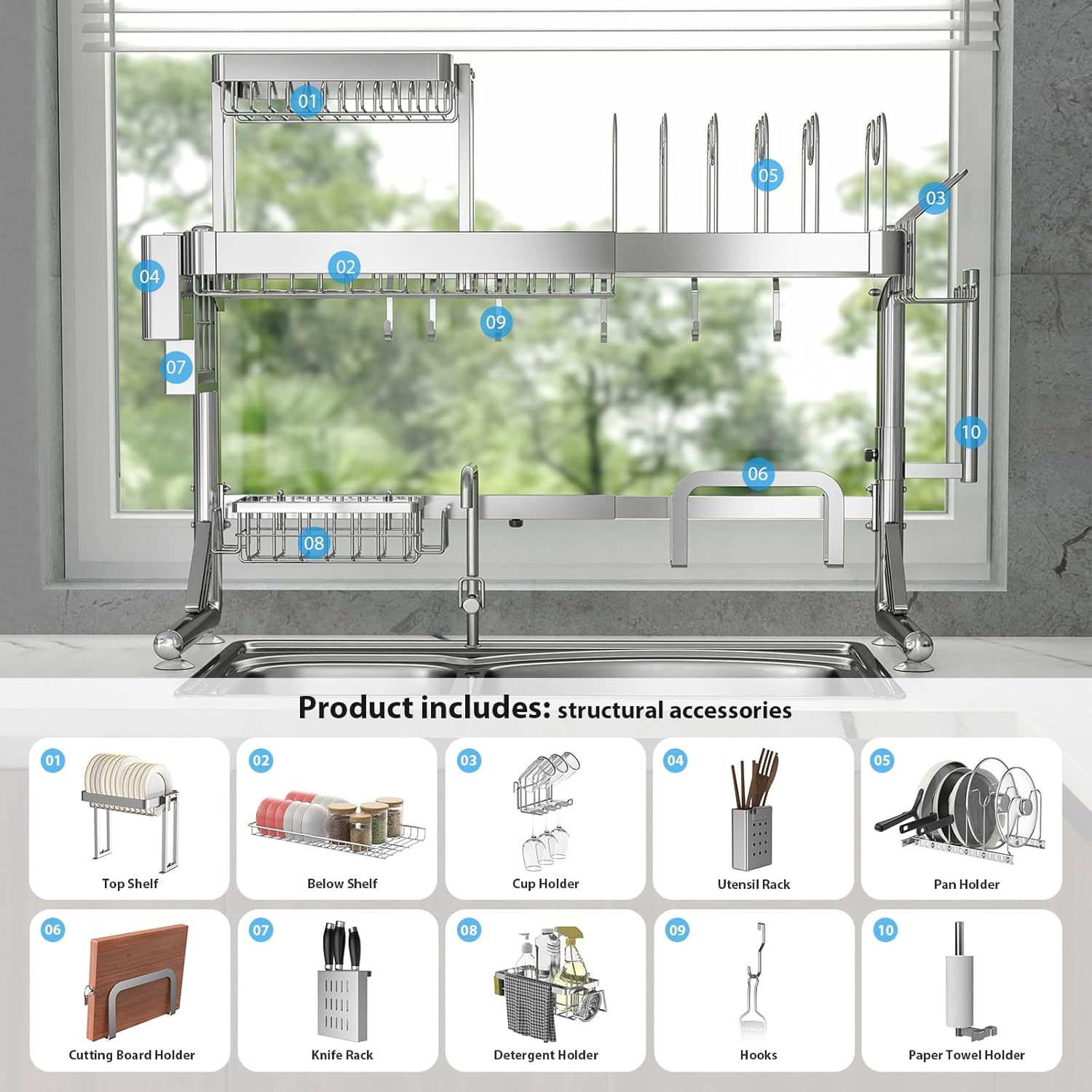 Over Sink Dish Drying Rack, Upgrade 2.5-Tier 304 Stainless Steel Dish Rack Adjustable Length with Pots and Pans Rack, Modern Over The Sink Dish Drainer Rack for Kitchen Storage Counter Organizer