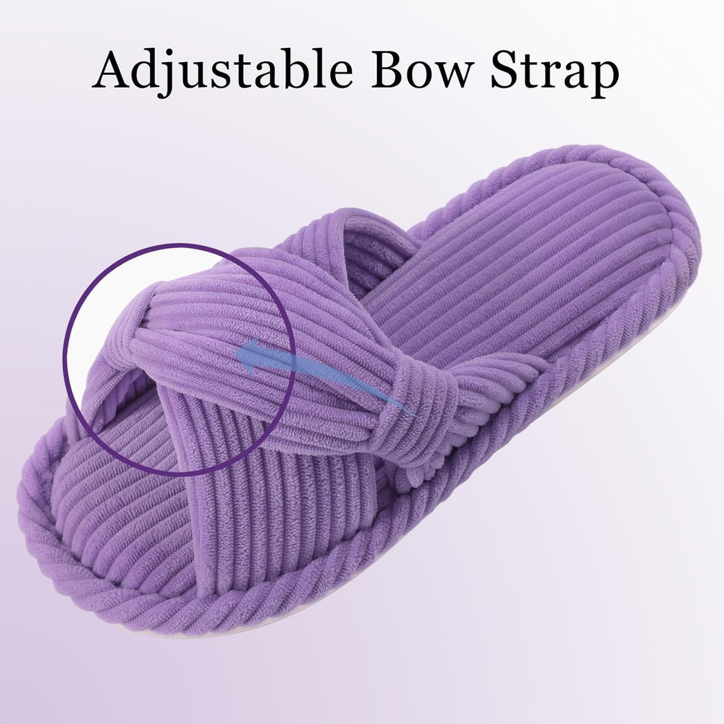 Evshine Summer House Slippers for Women Corduroy Cross Bow Indoor Slippers Open Toe Slip On Bedroom Shoes with Memory Foam