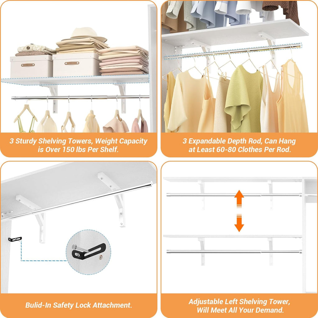 8FT Closet System with Shelves, 96'' Closet Organizer System with 3 Hanging Rods, Wall Mount Bedroom Wardrobe Walk-in Closet, Adjustable Cloth Garment Rack from 5 to 8FT (Cut to Fit), White