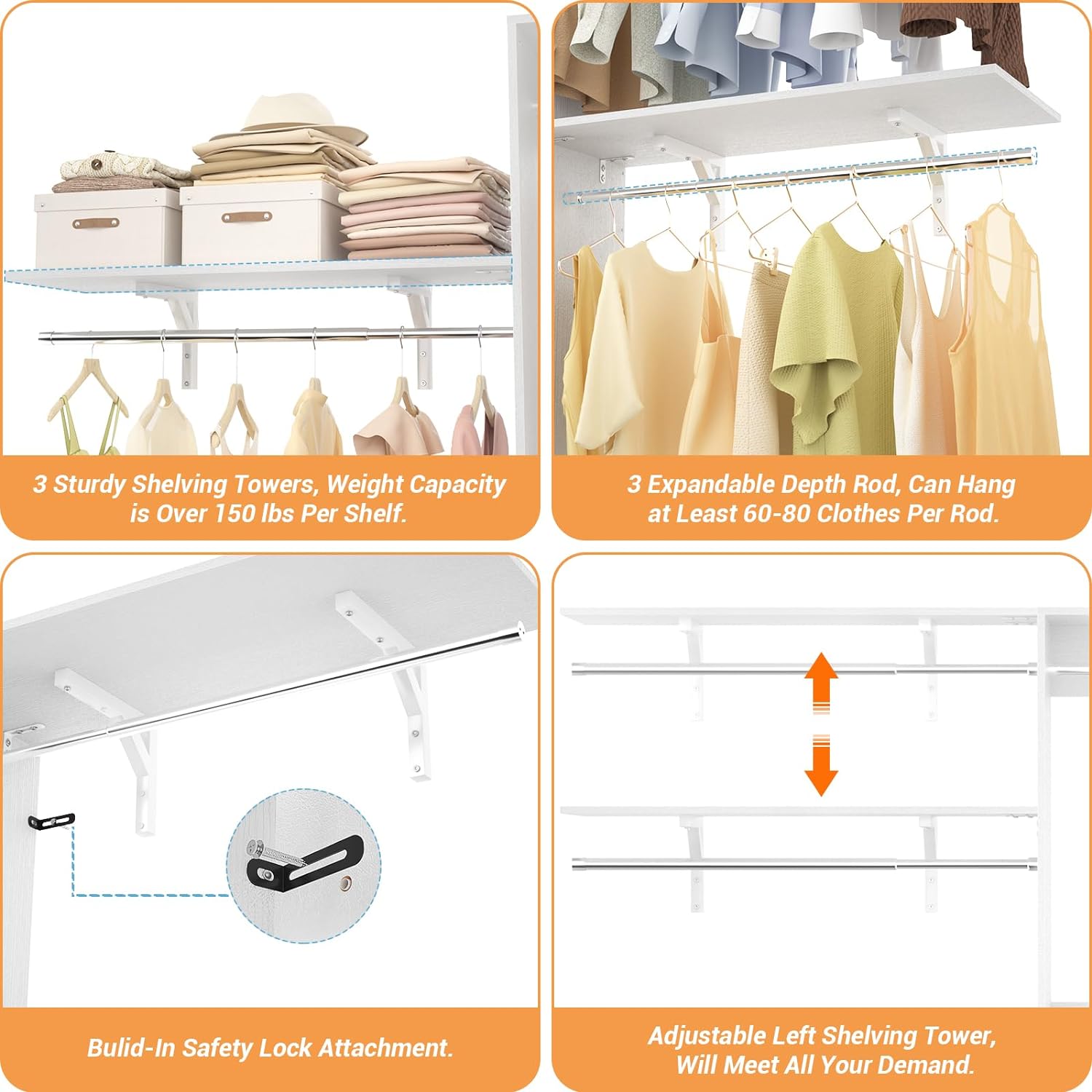 8FT Closet System with Shelves, 96'' Closet Organizer System with 3 Hanging Rods, Wall Mount Bedroom Wardrobe Walk-in Closet, Adjustable Cloth Garment Rack from 5 to 8FT (Cut to Fit), White