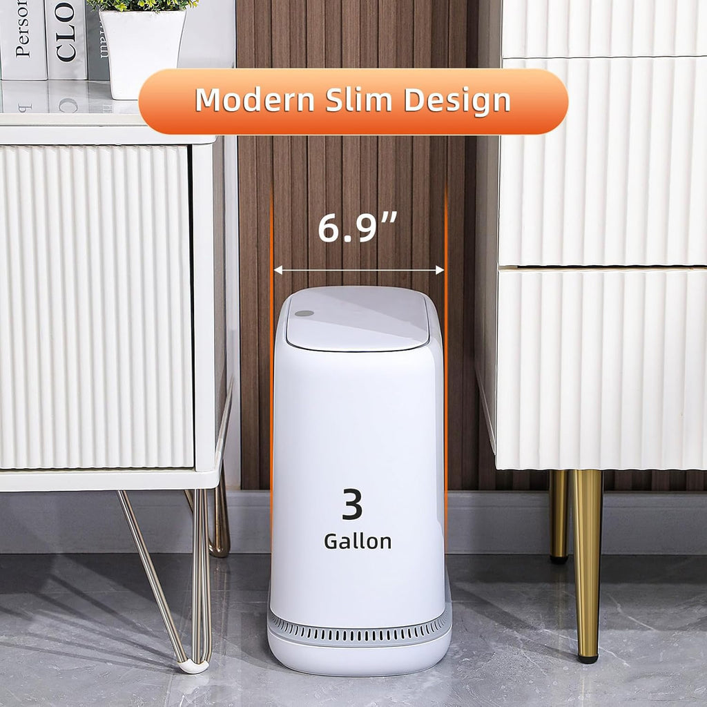 funest Bathroom Trash Can, 3.3 Gallon Slim Trash Can with Lid, Adsorption Garbage Can with Press-Top Lid, Small White Narrow Plastic Trash Bin for Bathroom, Office, Bedroom, Living Room