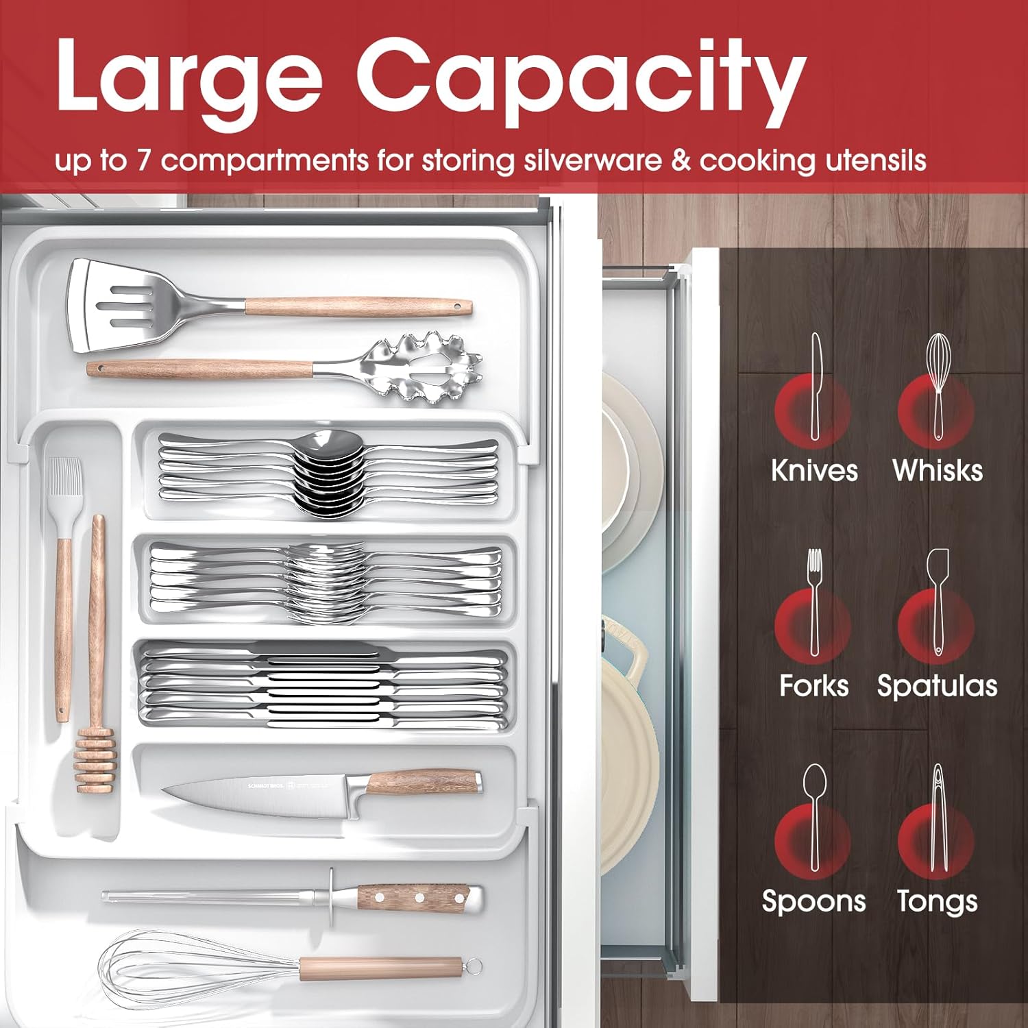 Aujen Silverware Organizer - Expandable Kitchen Drawer Organizer, Adjustable Utensil Organizer, Cutlery Tray for Forks, Knives, Multipurpose Kitchen Organizers and Storage Solution, White, Medium