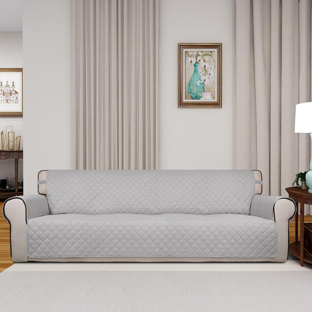 PureFit Reversible Quilted Sofa Cover, Water Resistant Slipcover Furniture Protector, Washable Couch Cover with Non Slip and Elastic Straps for Kids, Dogs, Pets (XX Large, Light Gray/Light Gray)