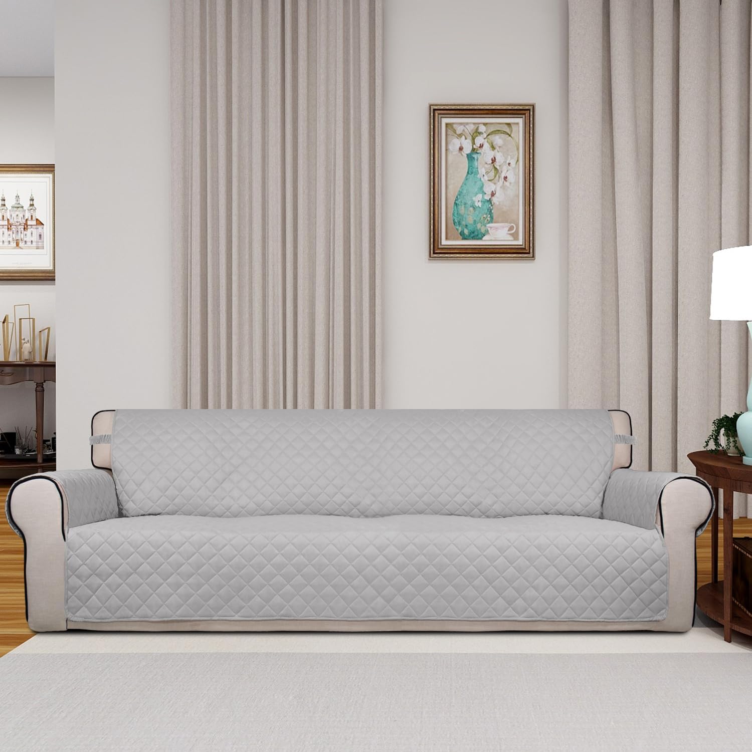 PureFit Reversible Quilted Sofa Cover, Water Resistant Slipcover Furniture Protector, Washable Couch Cover with Non Slip and Elastic Straps for Kids, Dogs, Pets (XX Large, Light Gray/Light Gray)