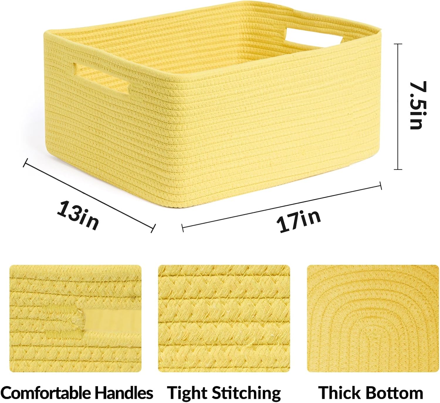 Large Storage Baskets for Organizing, Closet Shelf Baskets for Clothes Blanket Towels, Baby Nursery, Toy Bins Box, Woven Rope Baskets, 17 x 13 x 7.5”, 4 Packs Yellow