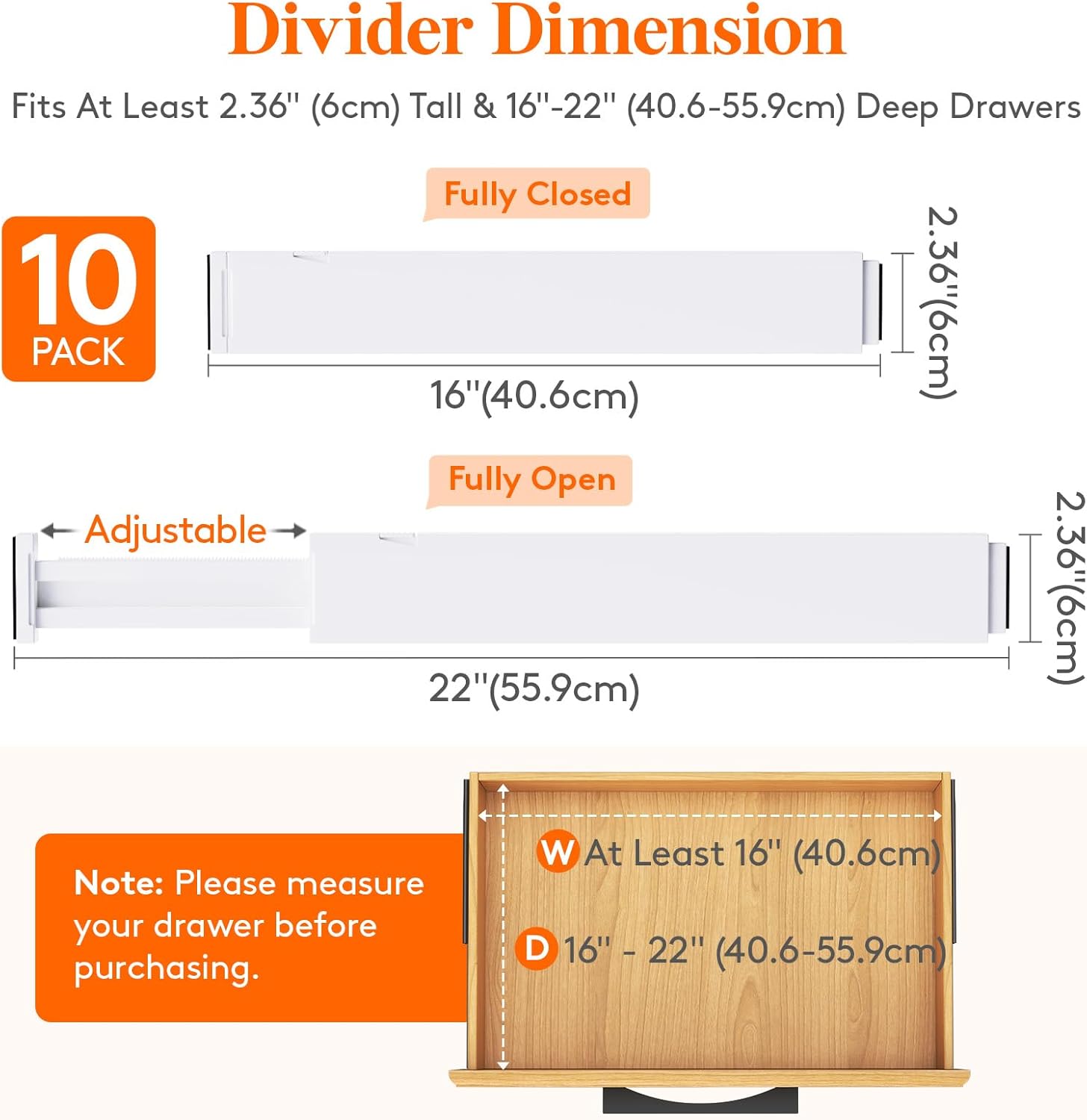 Lifewit 10 Pack Kitchen Drawer Dividers 2.36" High, 16"-22" Adjustable Drawer Organizer for Utensils/Clothes/Makeup, Plastic Expandable Separators in Dresser/Bedroom/Bathroom/Office Storage