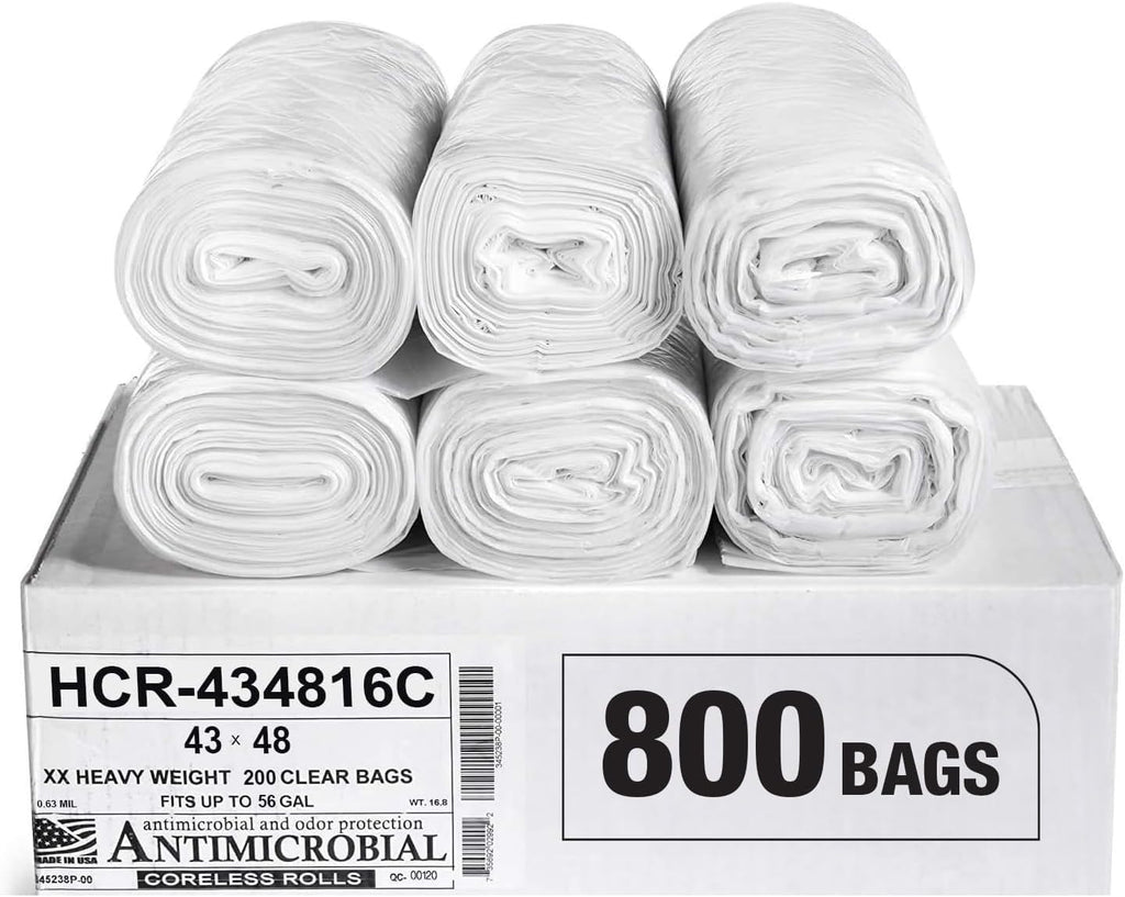 Aluf Plastics High Density Trash Bags, 56 Gallon, 800 Count, 16 Micron (eq), 43" x 48", Clear, for Bathroom, Office, Industrial, Commercial, Janitorial, Municipal, Recycling