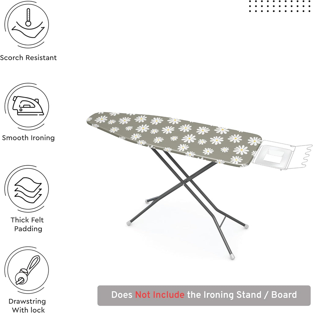 Encasa XO Ironing Board Cover and Pad 54"x15" - Thick 3mm Felt Padding, Drawstring Tightening & Lock, Easy Fit, Scorch & Stain Resistant, Fits Standard Large Ironing Board - Daisy Grey