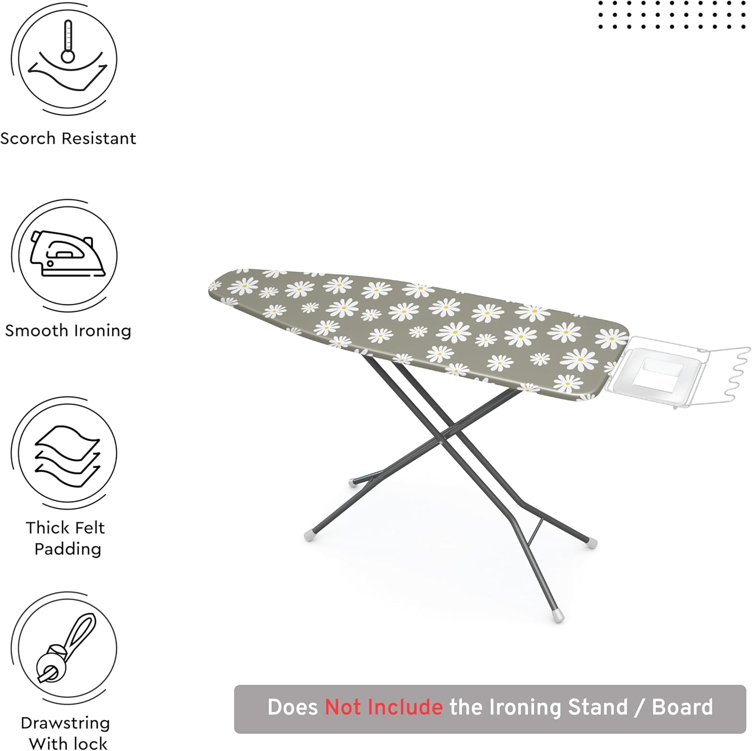 Encasa XO Ironing Board Cover and Pad 54"x15" - Thick 3mm Felt Padding, Drawstring Tightening & Lock, Easy Fit, Scorch & Stain Resistant, Fits Standard Large Ironing Board - Daisy Grey