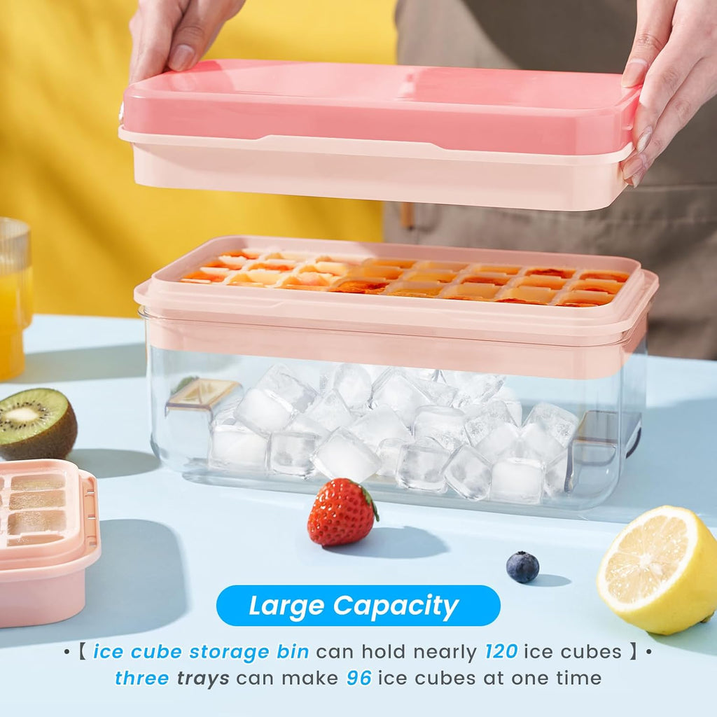 PHINOX Ice Cube Tray with Lid and Bin, 3 Pack Plastic Ice Cube Tray Molds, 96(4 * 8 * 3) pcs Ice Trays for freezer, Chilling Drinks, Whiskey & Cocktails, with Ice Container and Ice Scoop, BPA-Free