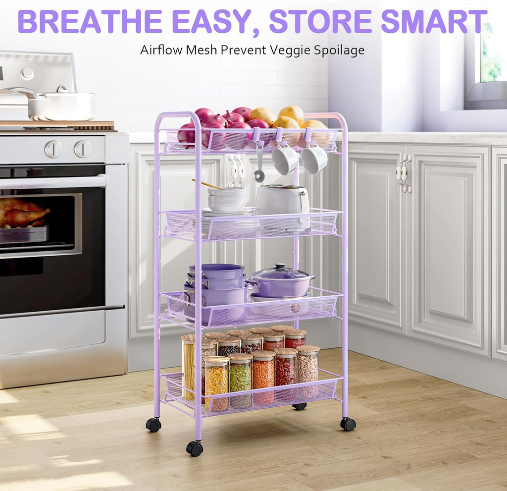 TOOLF 4-Tier Rolling Cart, Metal Utility Cart with 3 Hooks, Easy Assemble Mobile Storage Trolley On Wheels, Metal Shelving Units Kitchen Bathroom Laundry Room