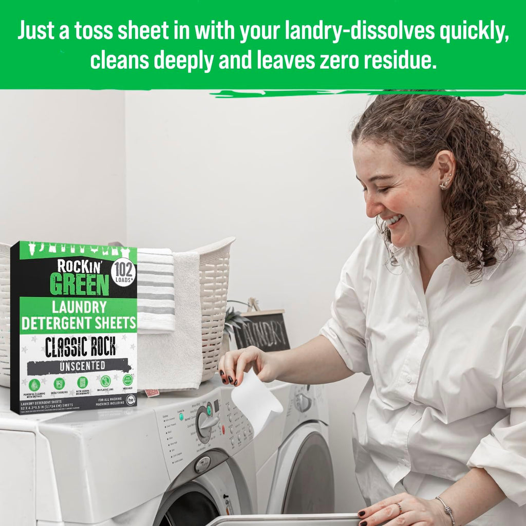 Rockin' Green Travel Laundry Detergent Sheets Unscented - Mess-Free Laundry Sheets Detergent Powerful Cleaning with Sodium Bicarbonate - Easily Dissolvable Laundry Soap Sheet (102 Loads, Unscented)