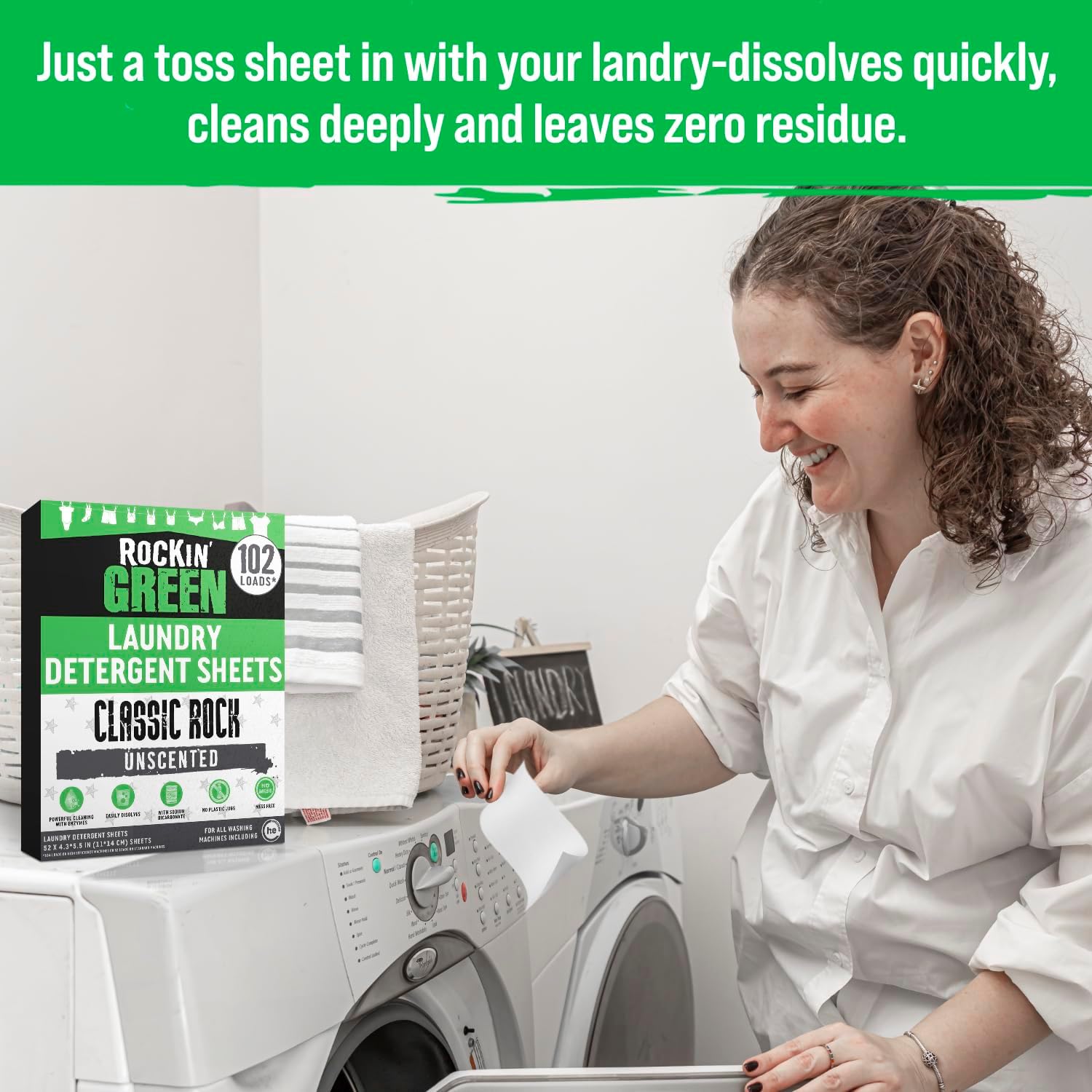 Rockin' Green Travel Laundry Detergent Sheets Unscented - Mess-Free Laundry Sheets Detergent Powerful Cleaning with Sodium Bicarbonate - Easily Dissolvable Laundry Soap Sheet (102 Loads, Unscented)