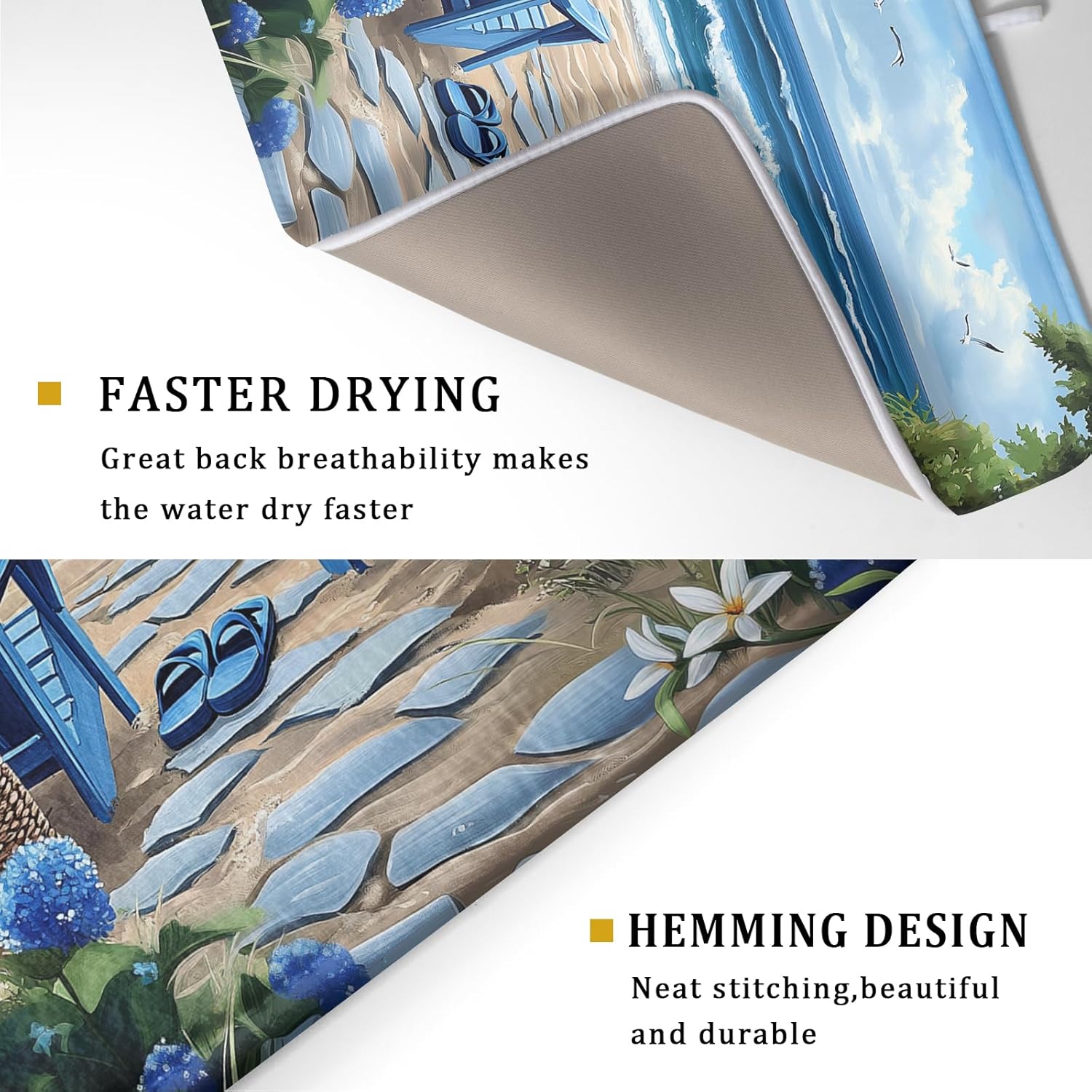 Summer Beach Dish Drying Mat 18x24 Inch Sea Shells Flowers Kitchen Mats Blue Microfiber Absorbent Dish Drainer Rack Mats Non-Slip Ocean Themed Sink Dishes Pad for Kitchen Counter Coffee Bar