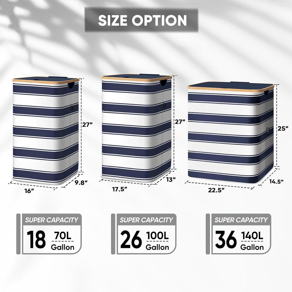 BALEINE Laundry Hamper with Lid, Tall Laundry Baskets with Bamboo Pull Handles, Large Laundry Bin with Internal Support (26 Gal/100L, Blue Stripe)
