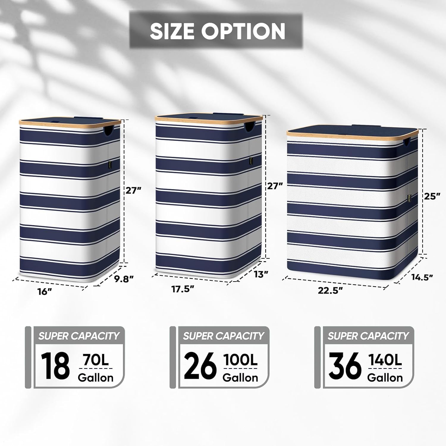 BALEINE Laundry Hamper with Lid, Tall Laundry Baskets with Bamboo Pull Handles, Large Laundry Bin with Internal Support (18 Gal/70L, Blue Stripe)