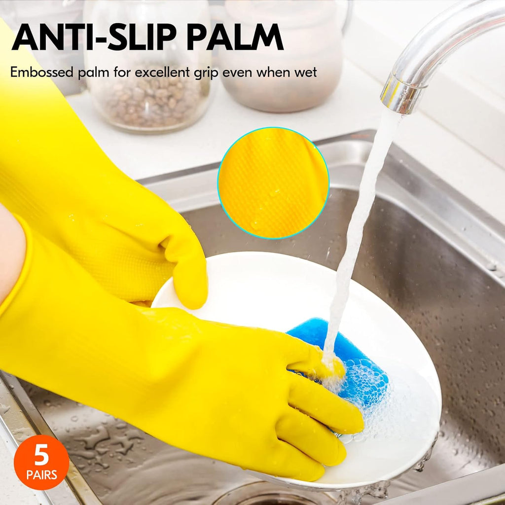 Vgo... 5-Pairs Reusable Household Gloves, Rubber Dishwashing gloves, Extra Thickness, Long Sleeves, Kitchen Cleaning, Working, Painting, Gardening, Pet Care (Size XL, Yellow, HH4601)
