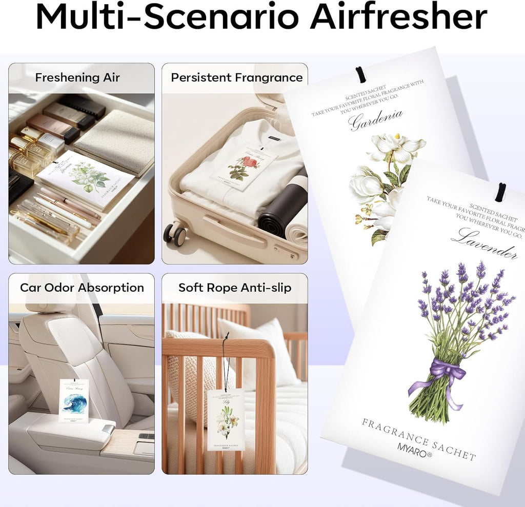 MYARO 12 Packs Scented Sachets for Drawer and Closet, Long-Lasting Sachets Bags Home Fragrance 6 Scents Option- Lavender, Rose, Jasmine, Ocean, Gardenia, Lily
