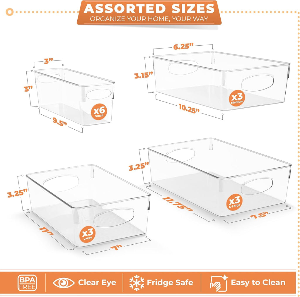 Sorbus Clear Plastic Storage Bins for Organizing, 15 Pack Clear Organizer Bins with Handles, Plastic Storage Bins for Closet, Pantry, Fridge, Medicine Cabinet Organizer, Shelves, Freezer, Drawer