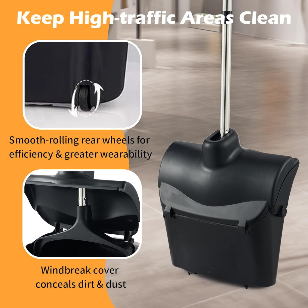Outdoor Broom and Dustpan Set with Long Handle, Commercial Upright Standing Dust Pan with Windbreak Cover and Brooms Combo for Sweeping Lobby Courtyard Garage Deck Patio Indoor
