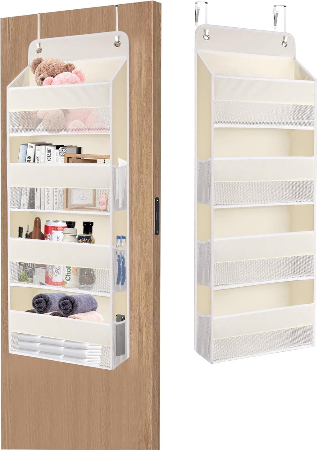 QINGUANG Over The Door Organizer,Hanging Organization and Storage, Behind Door Organizer with Side Pockets, 35 lbs Capacity,Anti Tilt, for Nursery, Bathroom, Bedroom,Dorm 4-Shelf Beige