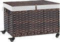Rolling Storage Basket with Lid, 47.6 Gallon (180L) Storage Bin with Wheels, Woven Rattan Blanket Storage Basket with Handles, Foldable, Metal Frame, Removable Liner for Bedroom, Laundry Room, Brown
