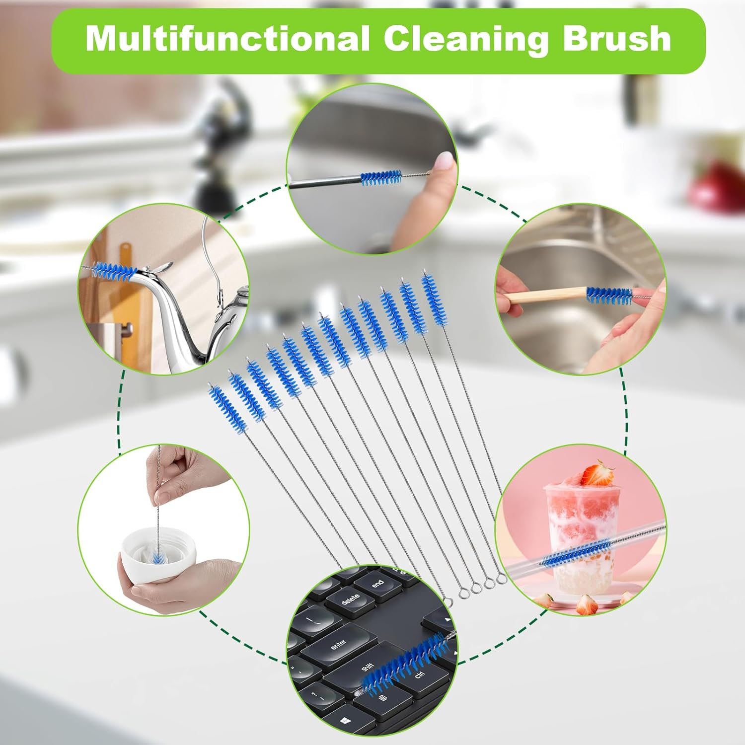 Straw Cleaner Brush for Stanley, 12 Inch Extra Long Straw Brush Cleaner (8-Pack) Includes 2 Reusable Glass Straws for 40 oz Tumbler and Water Bottle, Durable & Rust Resistant